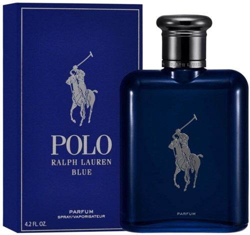 Blauwe parfumfles en bijpassend blauwe doos met Polo Ralph Lauren logo en tekst.