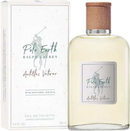 Flesje Polo Earth-parfum naast de doos, beide met Polo Earth en Ralph Lauren logo's.