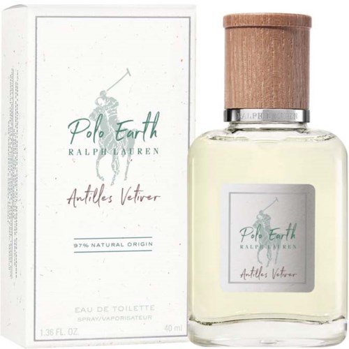 En parfyllflaska och förpackning med Polo Earth av Ralph Lauren, doften är Antilles Vetiver, naturliga ingredienser, 40 ml.