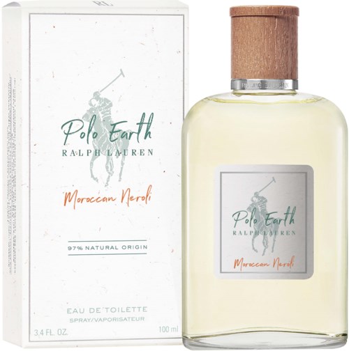 Een parfumfles en doos met Polo Earth, Moroccan Neroli, 97% natuurlijk, door Ralph Lauren.