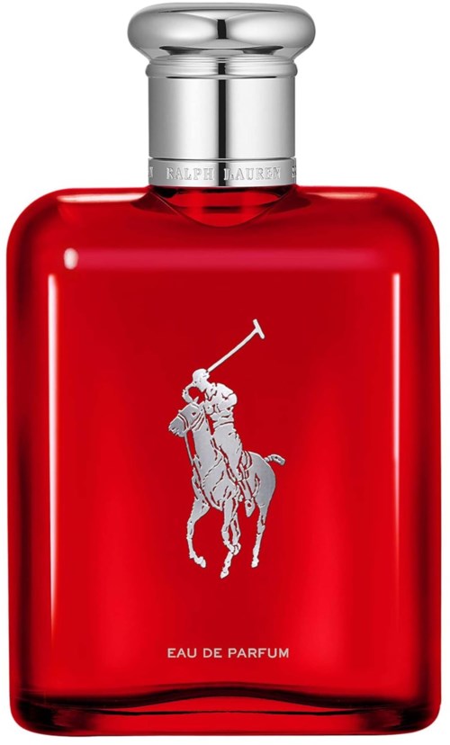 Rood parfumflesje met een zilveren dop en een logo van een polo-speler op een paard.