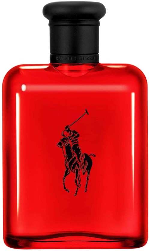 Rode fles met zwarte deksel en het Polo-logo in zwart op de voorkant.