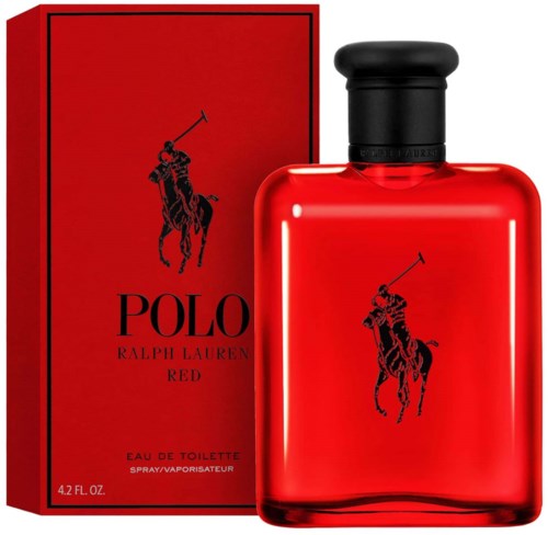 Een rode fles en doos van Polo Ralph Lauren Red geurtje met een zwart logo van een polo-speler.