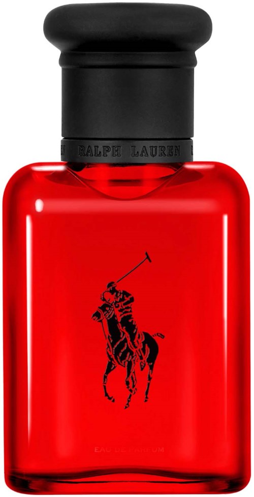 A red perfume bottle with a black cap and a Polo Ralph Lauren logo of a horse and rider.