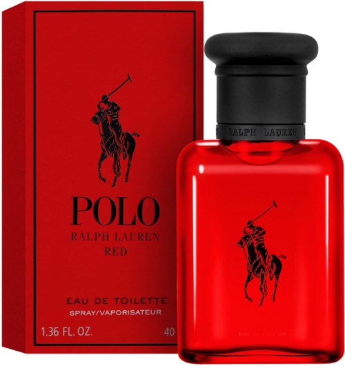 Red perfume bottle and box featuring a black polo player logo and text.