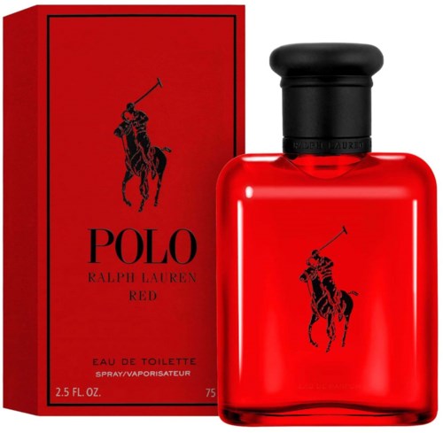 Rood parfumflesje en doos met een zwarte logo van een paard en ruiter. Polo Ralph Lauren Red staat op beiden.