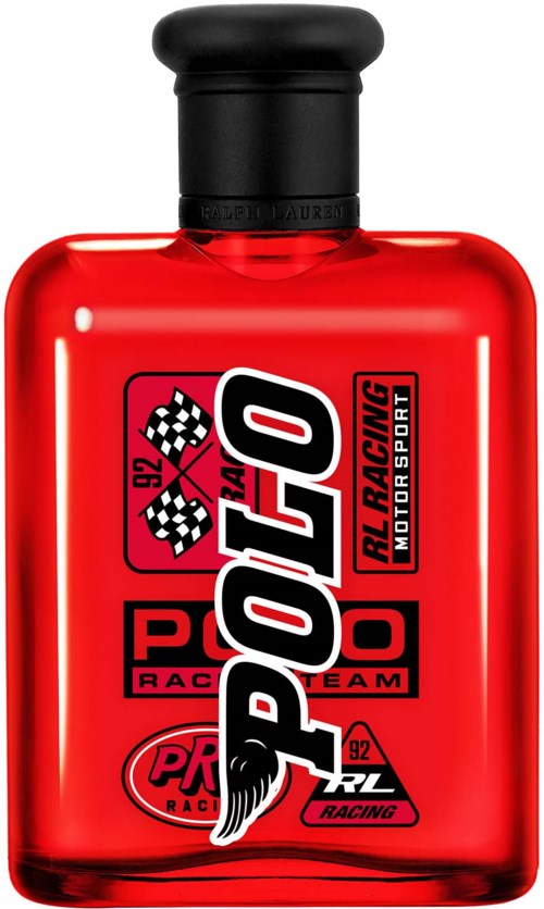 Rood flesje met race logo's en schaakbordpatronen, gemarkeerd "POPIO" en "Racing" voor sport of parfum.
