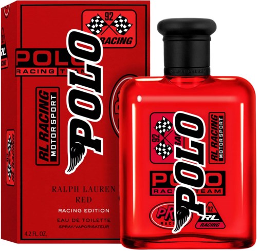 Een rode parfumfles en doos met racevlaggen en RLO Polo Racing branding, autosportthema.