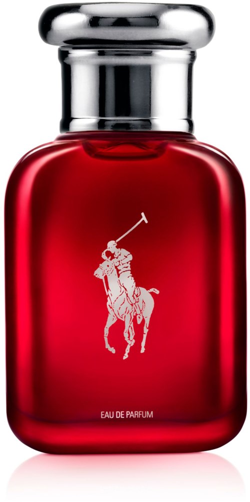 Röd parfymflaska med silverlock och en logga av en häst och ryttare. Texten säger "Eau de Parfum."