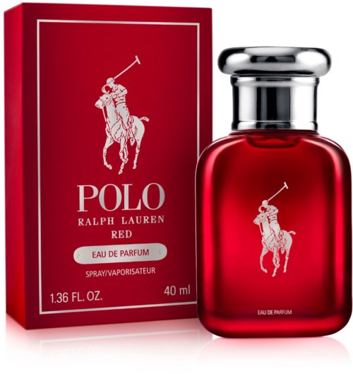 Röd parfyllbädd bredvid en matchande låda med Polo Ralph Lauren-loggan och text.