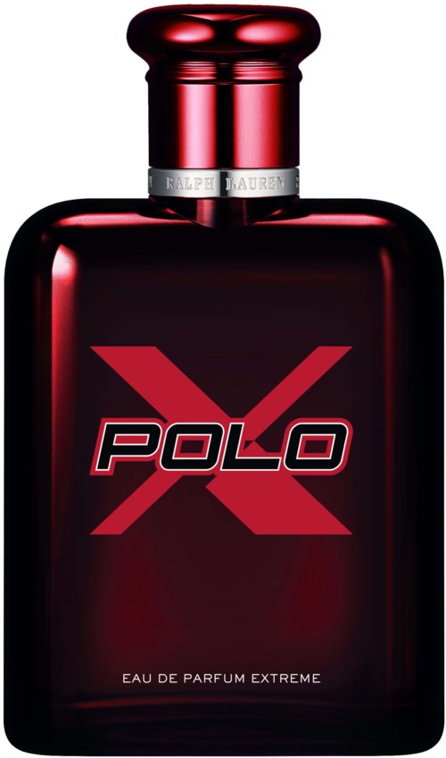 A dark red perfume bottle with a rounded cap and bold logo, labeled Polo X Eau de Parfum Extreme.