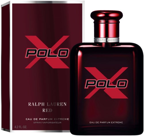 A dark red perfume bottle and box with the words Polo X Ralph Lauren Red and Eau de Parfum Extreme.