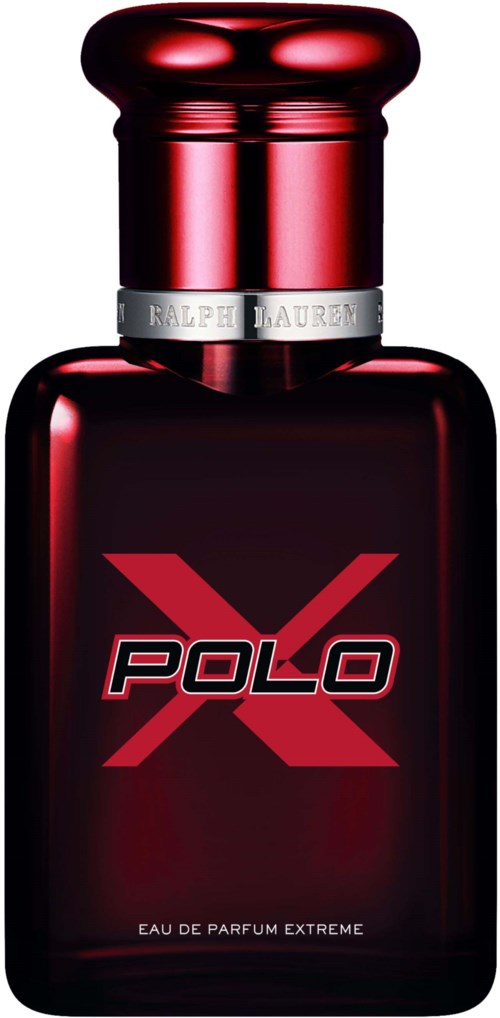 A dark red perfume bottle with a black label and bold red and white text, reading POLO X. It has a shiny, rounded cap.