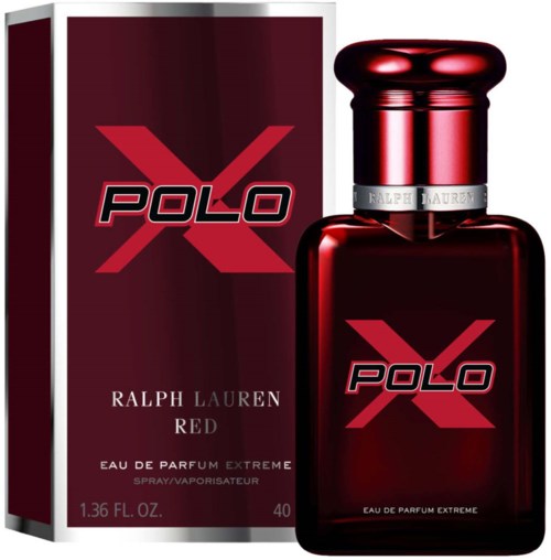 A red perfume bottle and box with the Polo X logo and Ralph Lauren's name, labeled as Extreme.