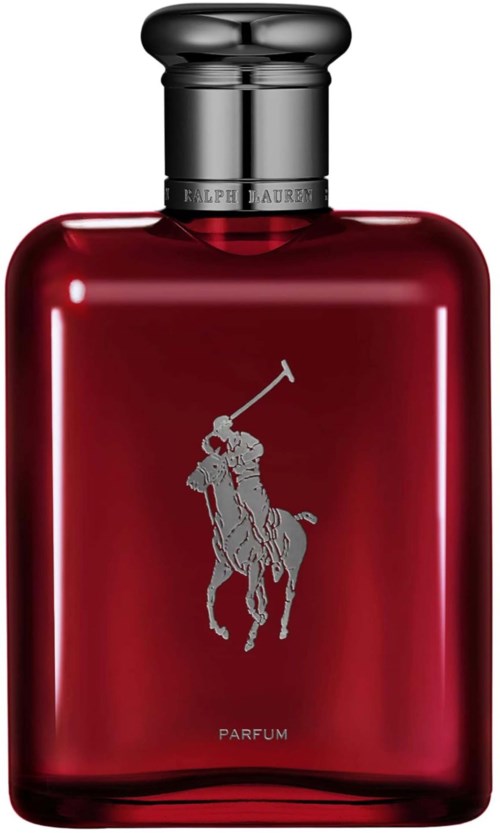 Een rode parfumfles met een zilverkleurige dop en een logo van een paard met een ruiter.