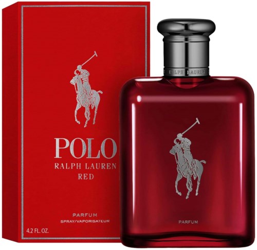 Rode fles en doos, beide met polo-speler logo, met de woorden 'POLO' en 'RALPH LAUREN RED'.