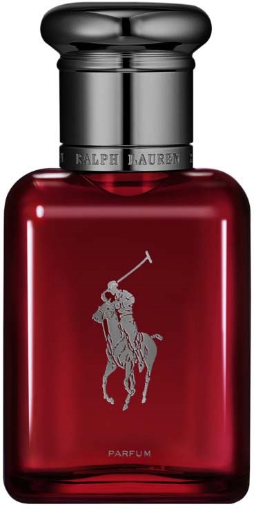 Röd parfymflaska med silverlogga av en polo-spelare och häst. Solid, snygg och elegant design.