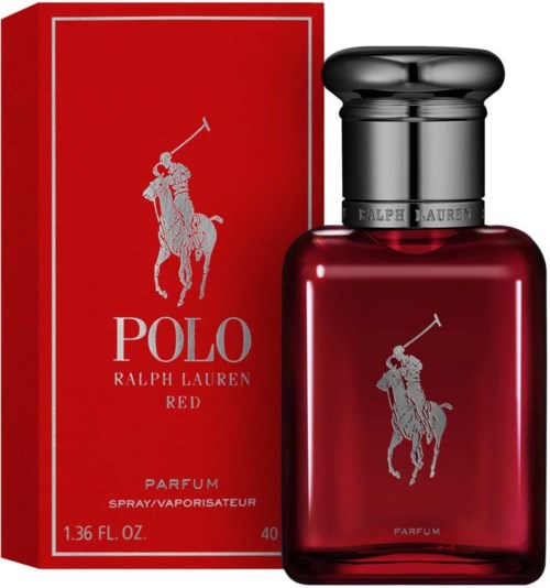 En röd parfymask och flaska med en silverlogga av en polo spelare på häst, märkta Polo Ralph Lauren Red.