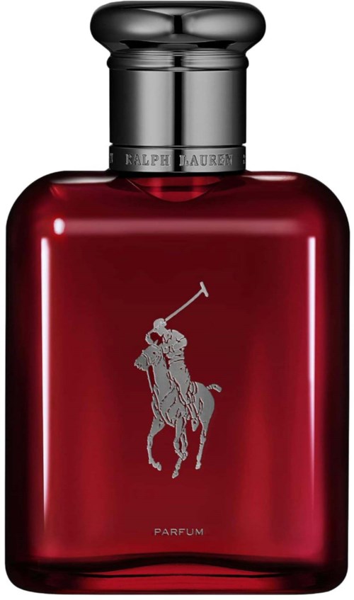 Een rode parfumfles met een zilveren dop en een wit paard en ruiter logo. Ralph Lauren.