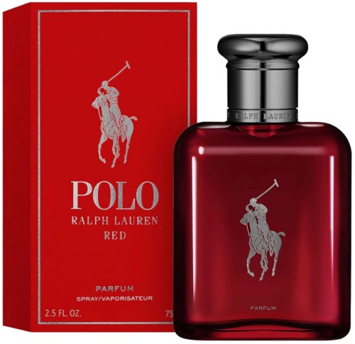 Rood parfumfles en doos met Polo Ralph Lauren-logo, met een man op een paard met stok.