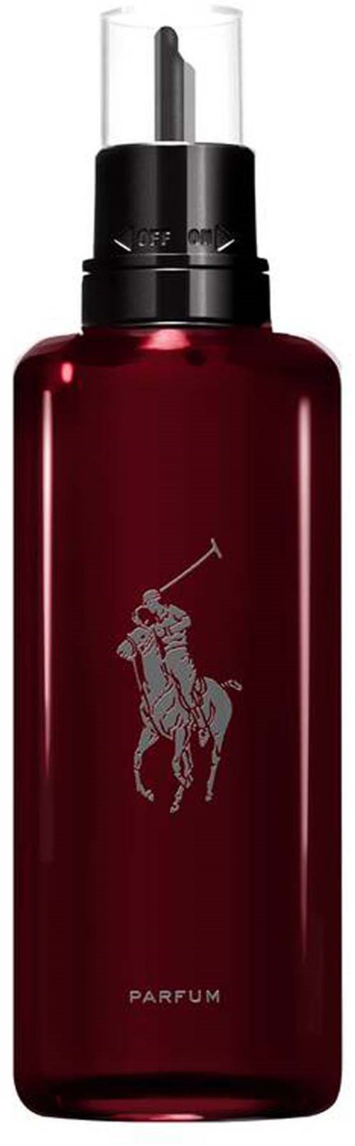 En röd parfymflaska med en silverlogo av en polo-spelare som rider på en häst. Ordet 'PARFUM' finns längst ner.