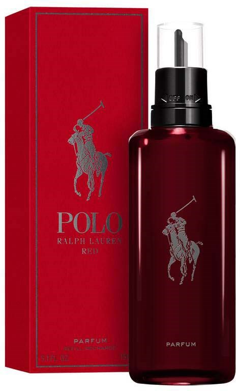 En röd parfyll flaska med svart lock och en röd box, båda med Polo Ralph Lauren-loggan av en polo spelare.