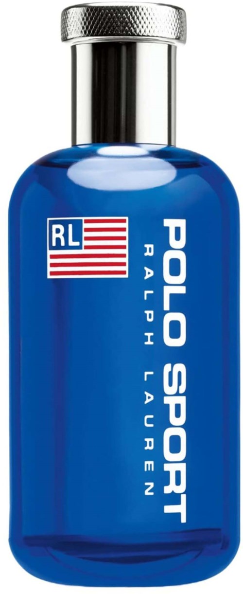 Blauwe fles met zilveren dop, heeft Polo Sport Ralph Lauren branding en logo, lijkt op parfum of cologne.