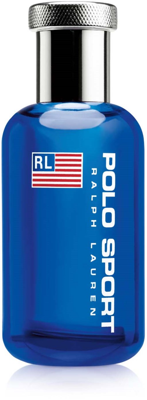 Een blauwe fles met een zilveren dop, gelabeld Polo Sport, Ralph Lauren, en een Amerikaanse vlag.
