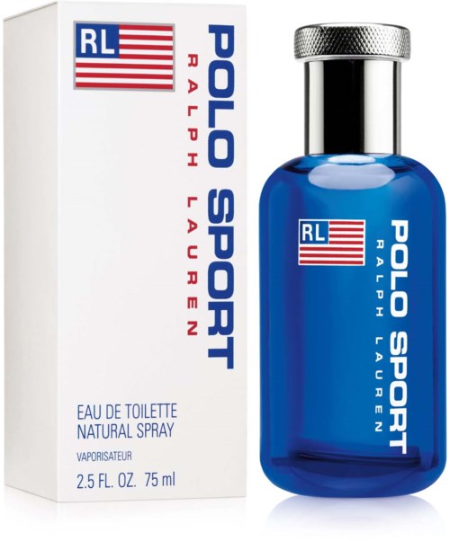 Een blauw flesje Polo Sport herengeur naast een witte doos met rode en blauwe tekst.