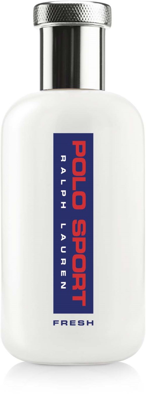 Een witte fles met zilveren deksel, gelabeld 'POLO SPORT' in rood en blauw, en 'FRESH' onderaan.