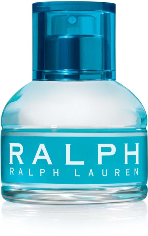 En tydlig parfyllflaska med blå kork och etikett med texten "RALPH RALPH LAUREN" i vitt.