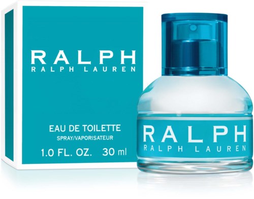 En Ralph Lauren parfymflaska och box visas, båda mest blå med vit text.