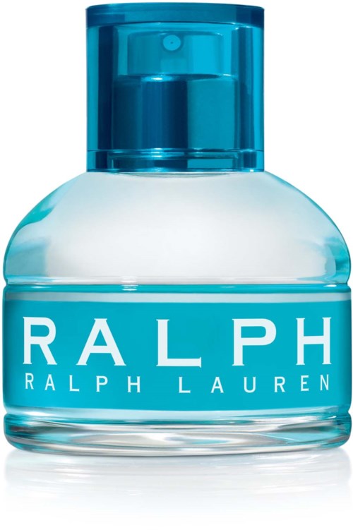 Een doorzichtige glazen fles met blauwe dop en label, bevat Ralph Lauren parfum.