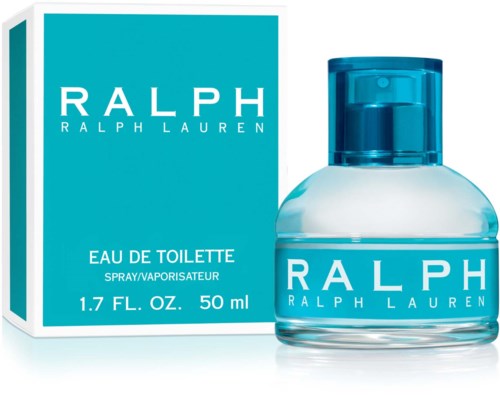 Een Ralph Lauren Eau de Toilette parfum in een kleine blauwe fles naast een bijpassend doosje met etiket.