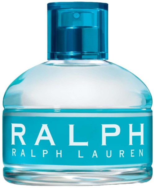 Een flesje Ralph Lauren parfum met blauwe dop en label. Doorzichtige glazen fles met vloeistof binnen.