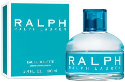 Een Ralph Lauren parfumfles en doos, blauw en wit, met tekst en spraydop.