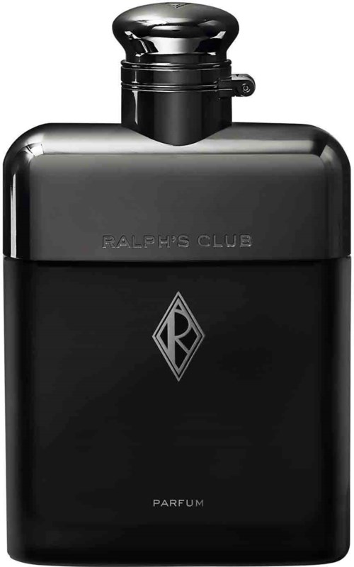 Een zwarte parfumfles met een ronde bovenkant, gelabeld 'RALPH'S CLUB' en 'PARFUM', simpel en strak ontwerp.