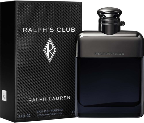 Een zwarte parfumbalm en doos met Ralph's Club-logo en naam, strak en modern ontwerp.