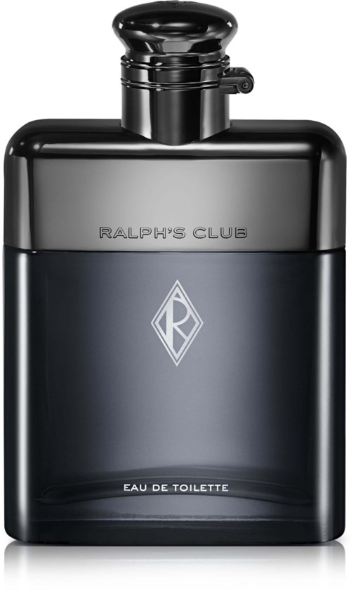 Zwarte parfumfles met ronde dop en zilveren logo, gemerkt 'Ralph's Club Eau de Toilette.'