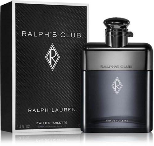 Een zwarte fles Ralph's Club parfum naast een zwarte box met textuur en witte tekst.