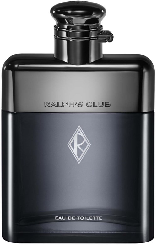 Een strak zwart parfumflesje met ronde dop, met Ralph's Club-logo en 'Eau de Toilette' label.