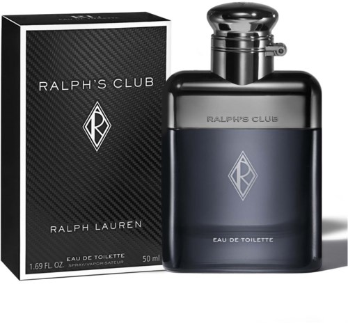 Een Ralph's Club parfumfles en doos in stijlvol zwart ontwerp met zilveren en blauwe accenten, en het merkemerken.