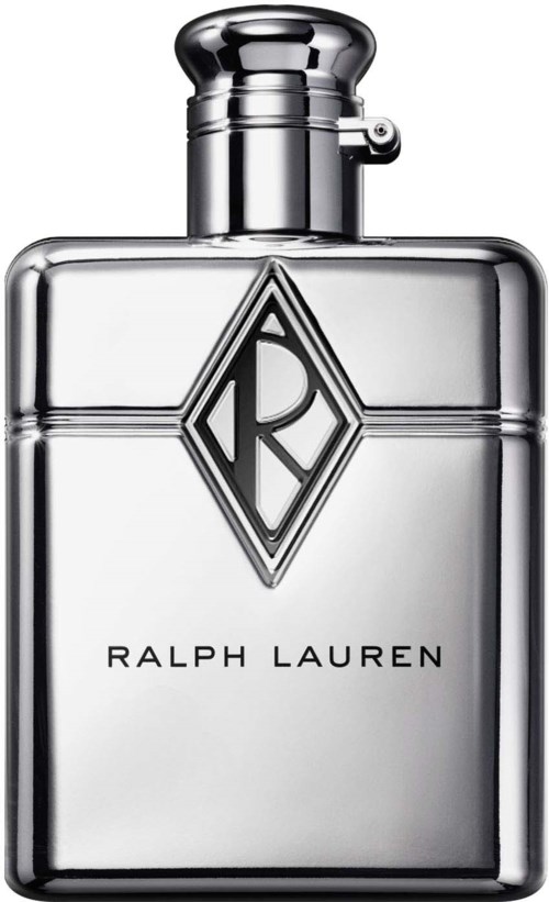 Een glanzende parfumfles met een diamantvormig logo en de woorden Ralph Lauren.