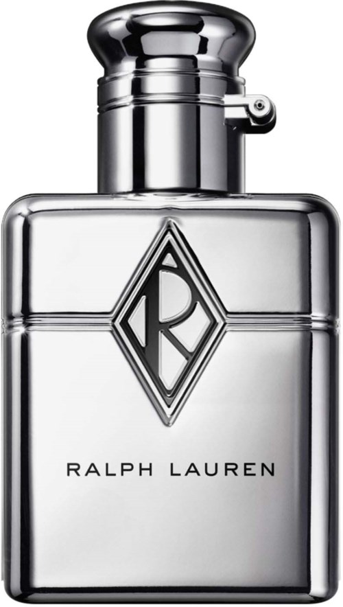 Een parfumfles met zilveren dop, rechthoekige vorm en Ralph Lauren-logo in het midden.