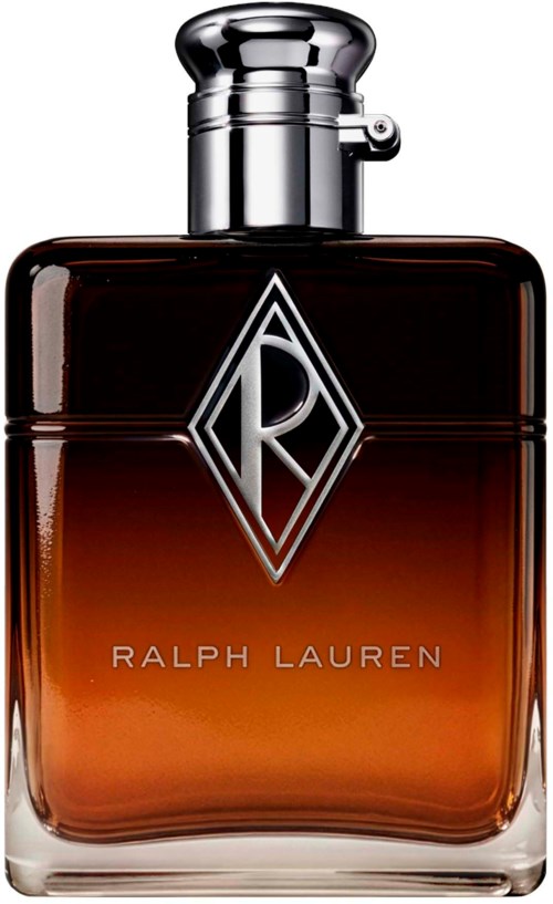 En Ralph Lauren-parfymflaska med gradient bärnstensfärg och en silverkork.