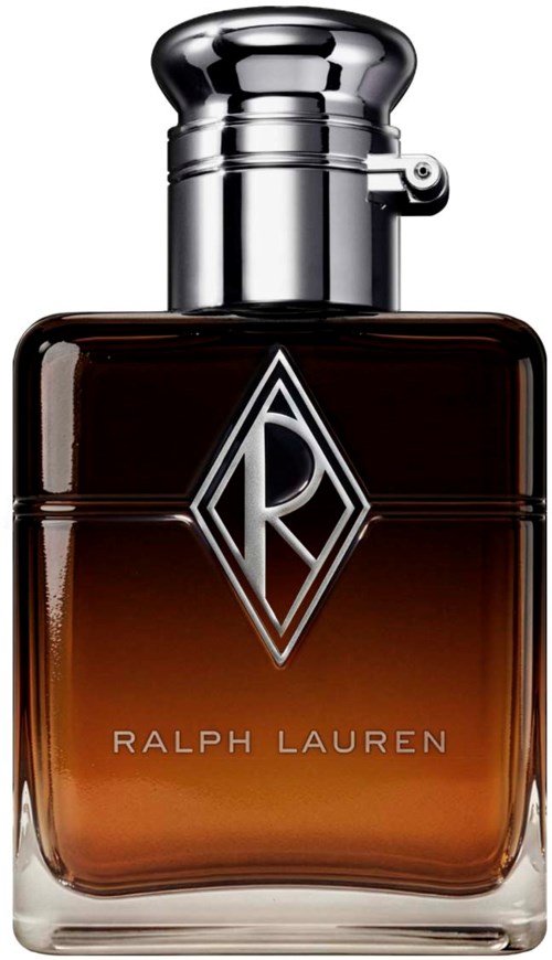 En Ralph Lauren-parfymflaska med gradientbrunt till klart glas och en glänsande silvrig hatt.