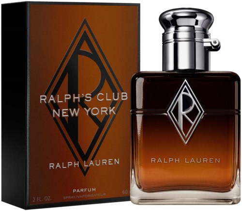 En Ralph Lauren-parfymflaska med grå topp, med en gradient bärnstensfärg och en diamantsymbol, bredvid sin förpackning.