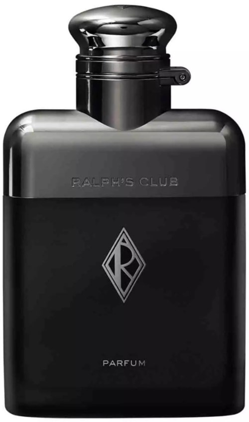 Een zwarte parfumfles met een zilveren dop, gemarkeerd Ralph's Club, oogt strak en modern.