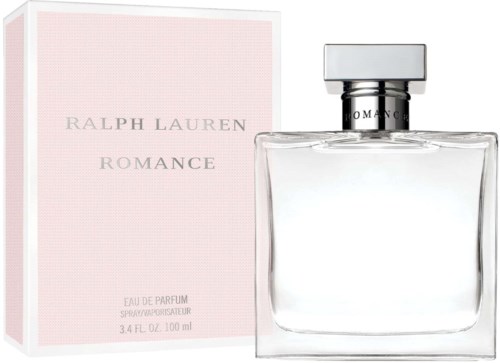 Een parfumfles met een roze doosje met de tekst ‘Ralph Lauren Romance’ ernaast.