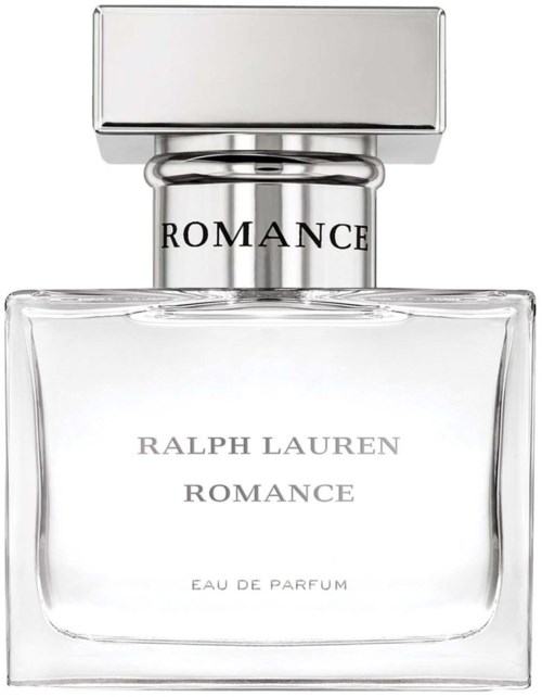 Een duidelijke parfumfles met label 'ROMANCE' door Ralph Lauren, met zilveren dop en eenvoudig ontwerp.